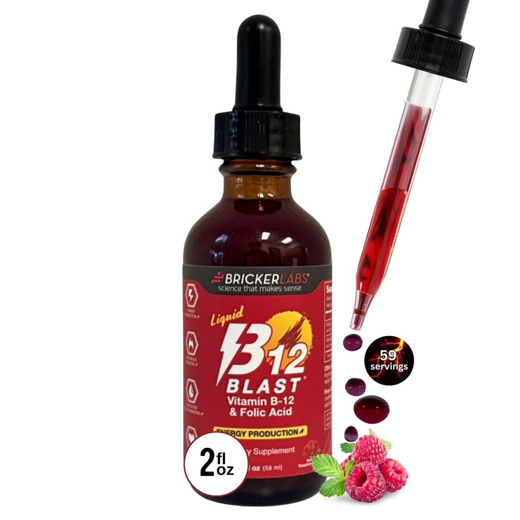 Bricker Labs B-12 Blast Vitamine liquide B12 et supplément à l'acide folique, production d'énergie de soutien, grande dégustation de vitamine liquide B12 supplément alimentaire dans l'arôme naturel de framboise, bouteille de 2 fl oz