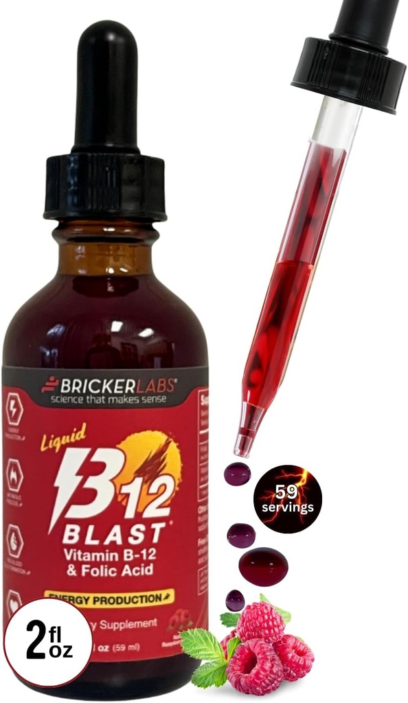 Bricker Labs B-12 Blast Vitamine liquide B12 et supplément à l'acide folique, production d'énergie de soutien, grande dégustation de vitamine liquide B12 supplément alimentaire dans l'arôme naturel de framboise, bouteille de 2 fl oz