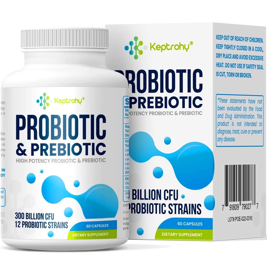Probiotiques pour les femmes et les hommes, 300 milliards d'UFC Probiotiques de 12 souches + mélange de prébiotiques biologiques pour le digestif quotidien, l'Immune, Gut, Bloating, Gut Health pour les femmes et les hommes, plateau stable - 60 capsules