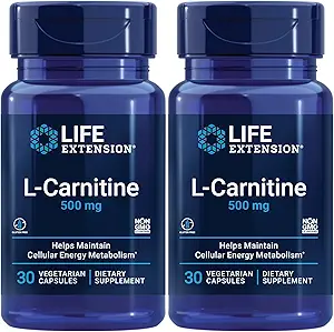 Prolongation de vie L-Carnitine – 500 mg, supplément énergétique, supplément mémoire – Acid Amino de forme libre, support à l'oxyde nitrique – sans gluten, sans OGM, végétarien – deux capsules - 2 x 30 capsules