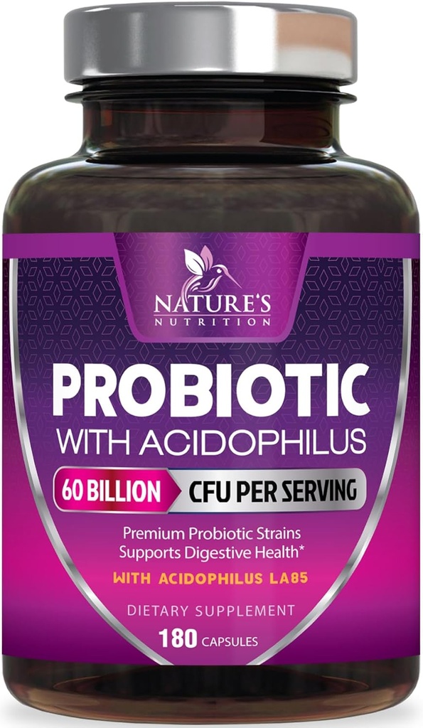 Probiotiques 60 milliards d'UFC par portion - 10 souches + prébiotiques - Santé digestive, Gut & Immune Support - Soutien Constipation occasionnelle, gaz et ballonnement pour les femmes et les hommes Plateau stable - 180 capsules