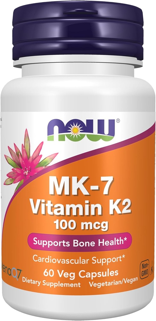 MAINTENANT Aliments suppléments, vitamine MK-7 K-2 100 mcg, soutien cardiovasculaire*, soutient la santé osseuse*, 60 gélules