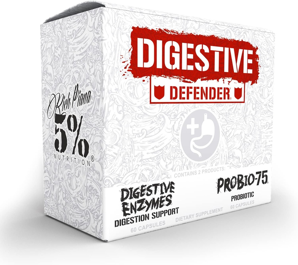 5% Nutrition Riche Piana Défendeur Digestif de Probio-75 & Enzymes Digestifs Supplément Digestion de Qualité Premium Enzymes avec Probiotiques et Fibre Prébiotique de 120 Capsules Gélatine (30 Svgs)