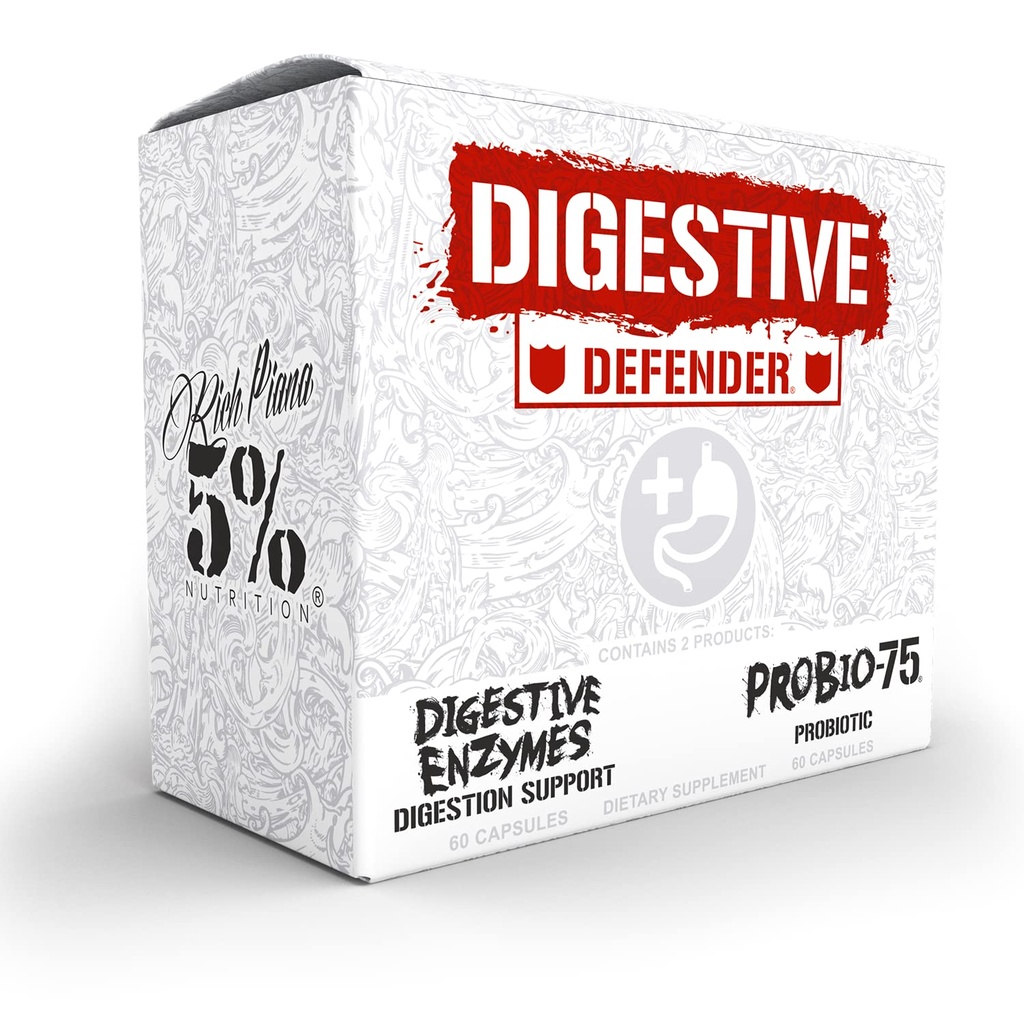 5% Nutrition Riche Piana Défendeur Digestif de Probio-75 & Enzymes Digestifs Supplément Digestion de Qualité Premium Enzymes avec Probiotiques et Fibre Prébiotique de 120 Capsules Gélatine (30 Svgs)