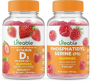 Vitamine vivante D 10000 UI + Phosphatidylsérine (PS), Gummies Bundle - Grande dégustation, supplément de vitamine, sans gluten, sans OGM, gummy à croquer