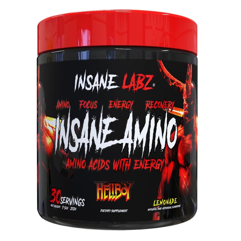 Insane Labz Insane Amino Hellboy Edition, BCAA avec la récupération des muscles Energy Focus, poudre intra-entraînement, 2 1 1 Poudre à chaîne ramifiée Amino Acid, 30 Srvgs, Cimonade