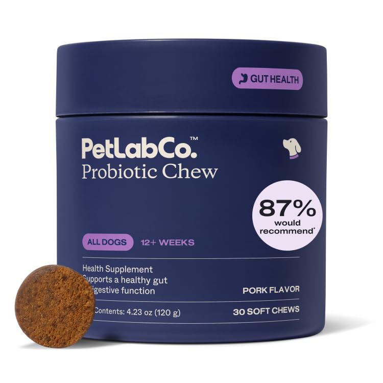 PetLab Co. Probiotiques pour chiens, soutien santé git, diarrhée occasionnelle, santé digestive et allergies saisonnières - Arôme de porc - 30 chews doux - Emballage mai Vary