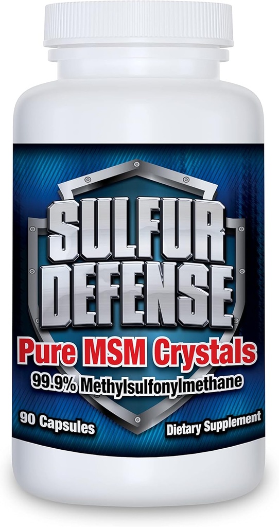 Sulfur Defense Opti-MSM 99,9 % Pure MSM Powder Capsules, fabriqués aux États-Unis, méthylsulfonylméthane organique, non-OGM, sans gluten, système immunitaire Booster, apaisant la douleur articulaire, peau plus jeune, cheveux, ongles, 90 capsules