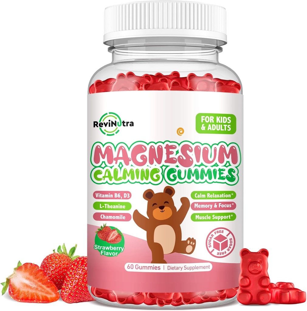 Gommies de magnésium pour les enfants - Supplément Glycinat de magnésium avec L-Theanine, vitamine B6, D3 pour les enfants et les adultes dorment, calme, détente, cerveau, os, fraise sans sucre 60ct