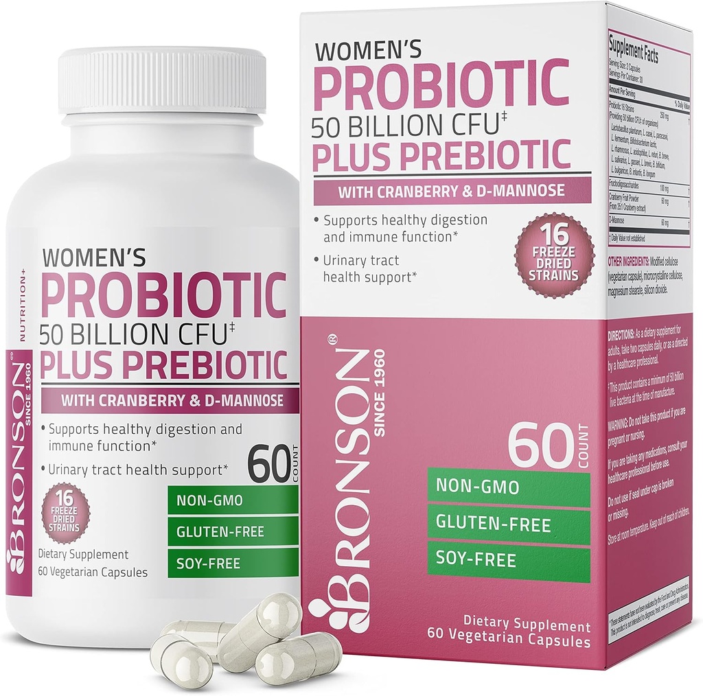 Bronson Femmes Probiotique 50 milliards CFU + Prébiotique avec Cranberry & D-Mannose – Santé vaginale, Digestion saine, fonction immunitaire et soutien du trac urinaire, non-OGM, 60 capsules végétariennes