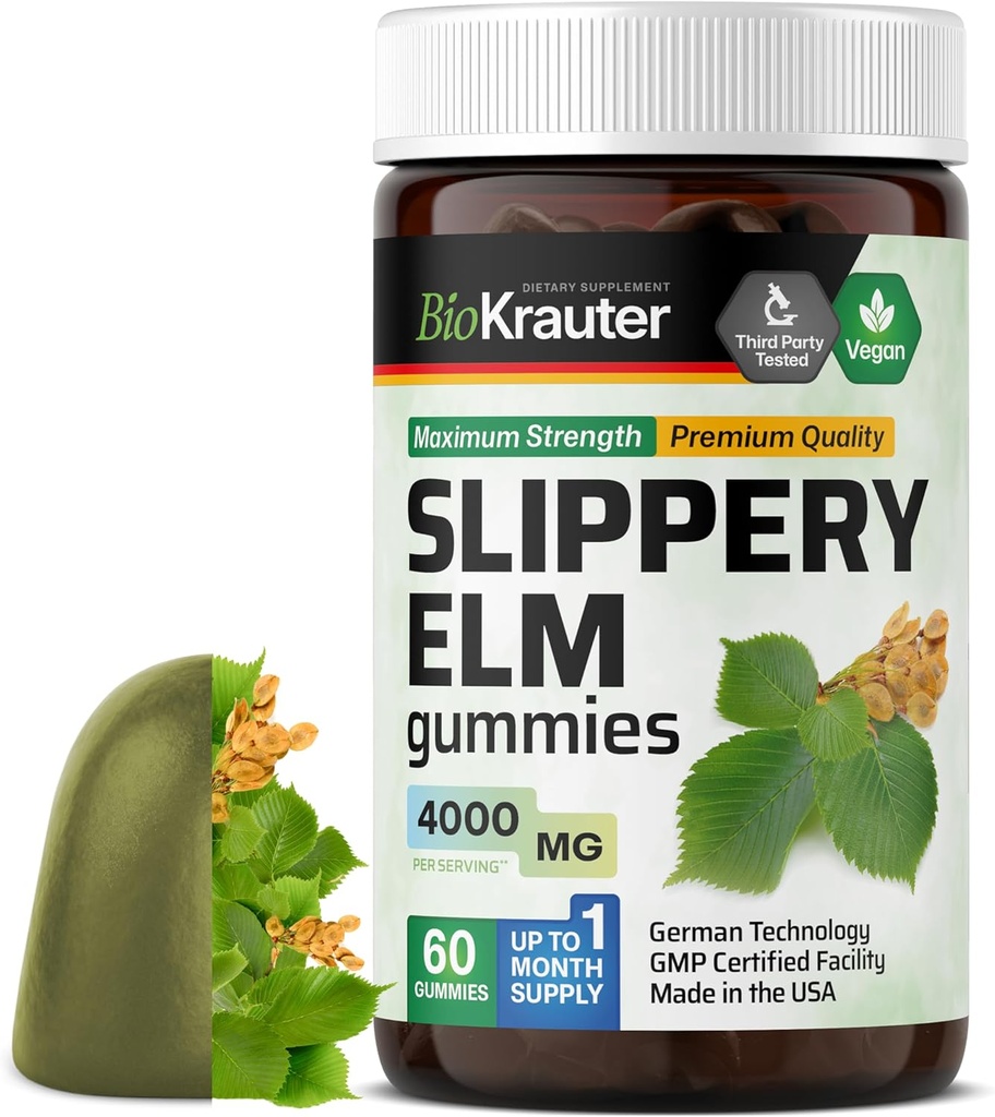 BIO KRAUTER Slippery Elm Gummies 4000 mg - 60 Compte 30 jours d'approvisionnement - Soutien digestif et respiratoire - Ulmus Rubra Gummies pour les poumons - Slippery Elm Bark pour les femmes et les hommes - Vegan, sans OGM