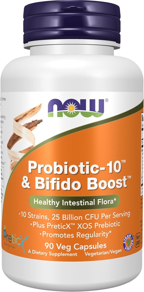 NOW Foods Supplements, Probiotic-10™ & Bifido Boost™ with 10 Strains, 25 Billion CFU Per Serving, plus PreticX™ XOS Prebiotic, 90 Veg Capsules