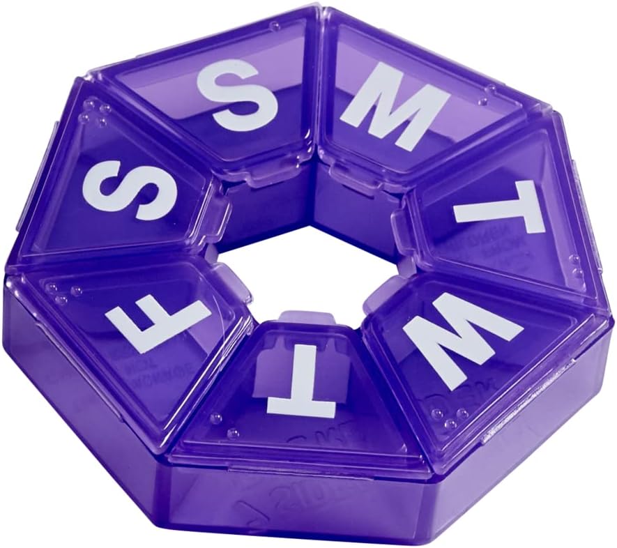 EZY DOSE Organisateur hebdomadaire de pilules, boîte de médicaments et planificateur de vitamines, planificateur de pilules de voyage, entreposage portable, 7-sided, violet, sans BPA