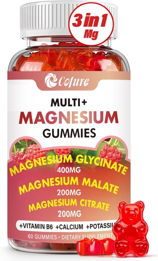 Complexe Triple de Magnésium 900 mg, Glycinat de Magnésium, Citrate, Malate avec Potassium, Calcium, Vitamine B6 pour Calme et Sommeil - Vegan, Non-OGM, Sans gluten - 60 Gommies de framboises pour adultes