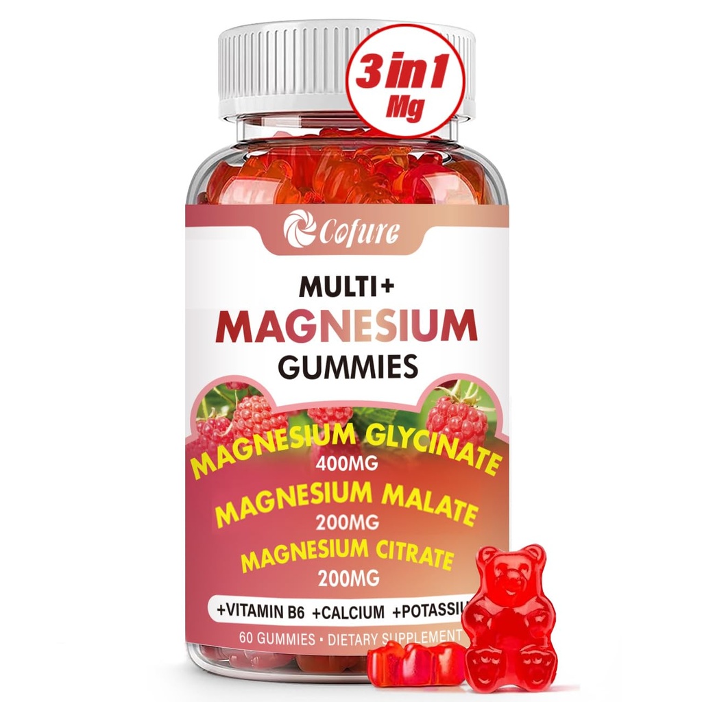 Complexe Triple de Magnésium 900 mg, Glycinat de Magnésium, Citrate, Malate avec Potassium, Calcium, Vitamine B6 pour Calme et Sommeil - Vegan, Non-OGM, Sans gluten - 60 Gommies de framboises pour adultes