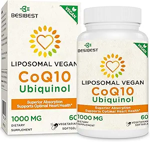 1000mg Liposomique CoQ10 Ubiquinol, 60 softgels végétaliens, supplément Ubiquinol à haute absorption CoQ10, forme antioxydante active de Coenzyme Q10 pour la santé cardiaque et la production d'énergie