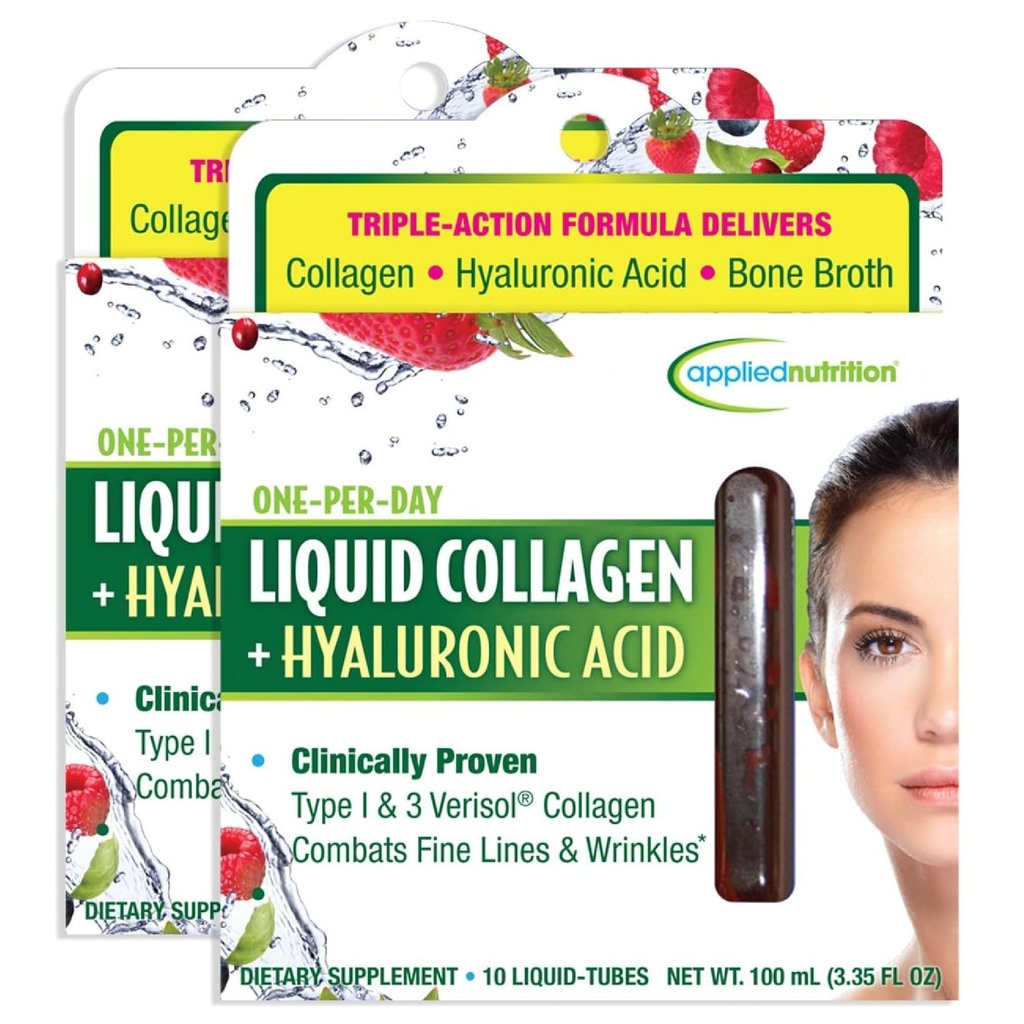 Nutrition appliquée Collagène liquide + acide hyaluronique - 10 tubes liquides, boîte de 2 - Restauration de la peau et des ongles - Arôme de baie mixte - 20 portions