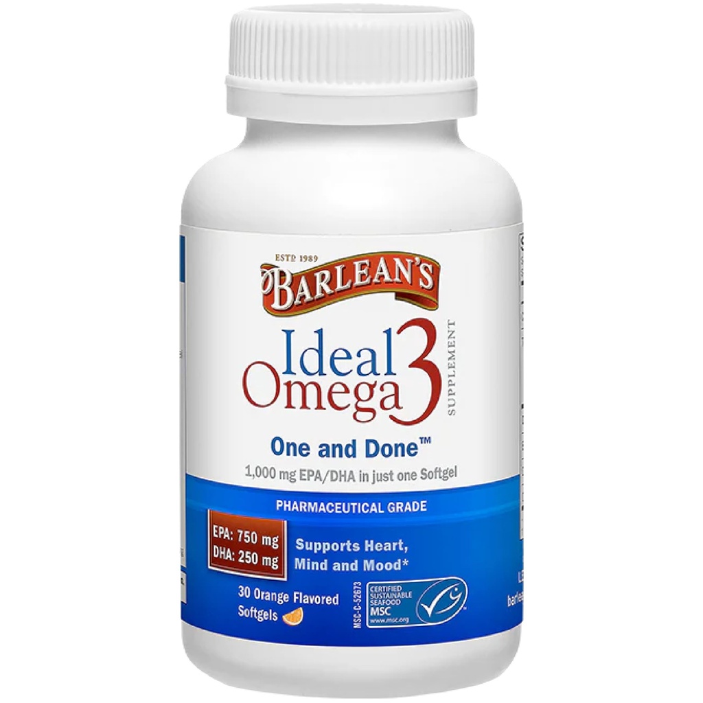 Barlean's Ideal Omega 3 Supplément nutritionnel Softgels avec 1000mg EPA/DHA pour le coeur, l'esprit et l'humeur - Certifié de qualité pharmaceutique de fruits de mer durables - 30-Conte