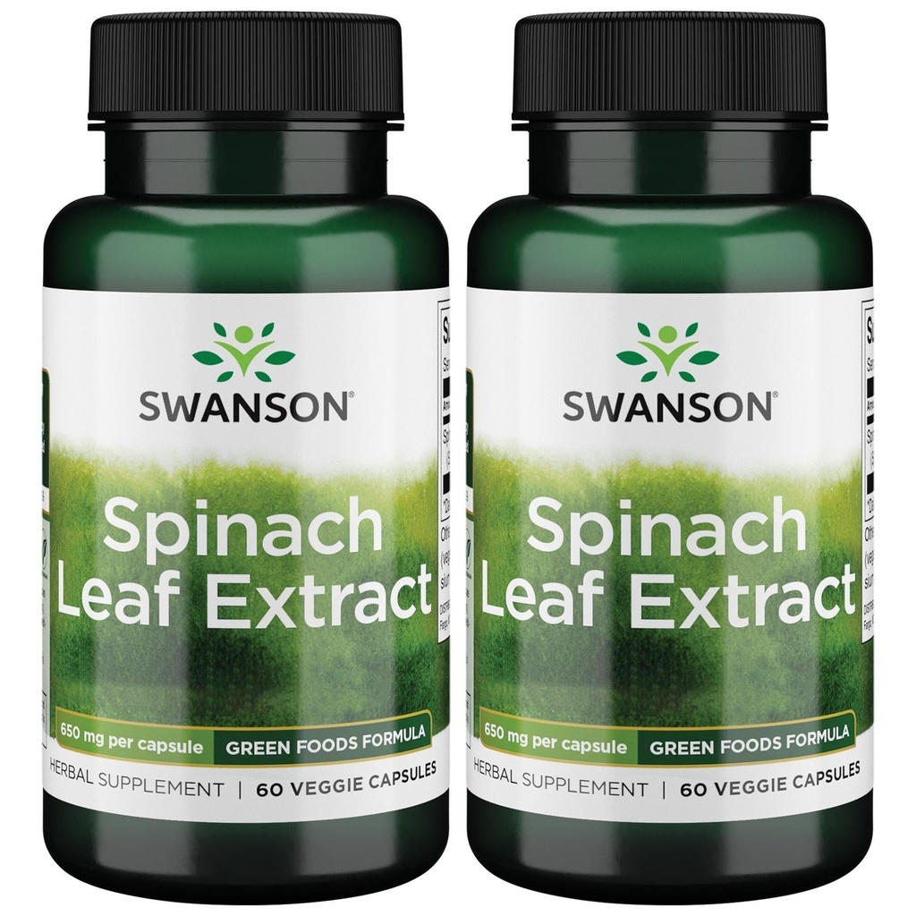 Extrait de feuilles d'épinards de Swanson - Supplément à base de plantes favorisant la santé générale - Préparation d'aliments verts avec les thylakoïdes et la chlorophylle bénéfiques - (60 capsules de légumes, 650mg chacune) (2 boîtes)