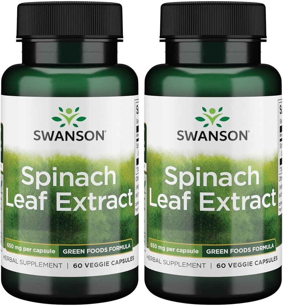 Extrait de feuilles d'épinards de Swanson - Supplément à base de plantes favorisant la santé générale - Préparation d'aliments verts avec les thylakoïdes et la chlorophylle bénéfiques - (60 capsules de légumes, 650mg chacune) (2 boîtes)