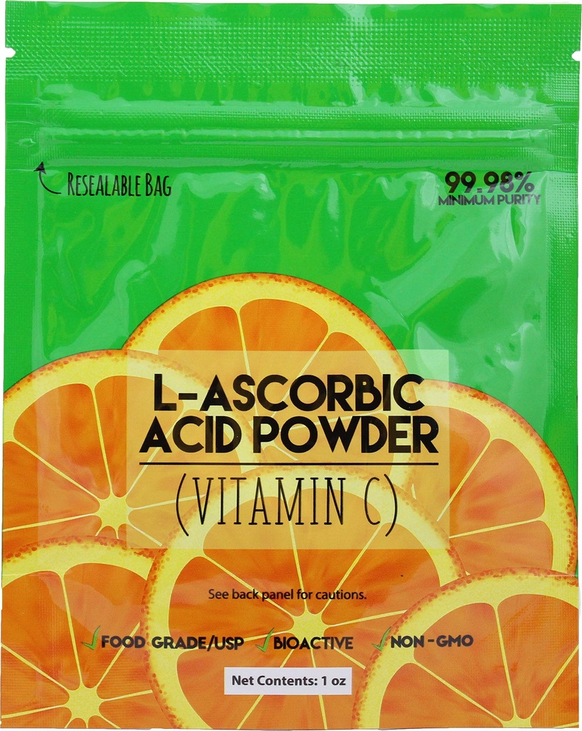 Duda Energy asc01oz Sachet de poudre d'acide L-Ascorbique 99+% Classe alimentaire USP36/BP2012 Verres purs naturellement fermentés Forme de vitamine C, 1 oz, blanc