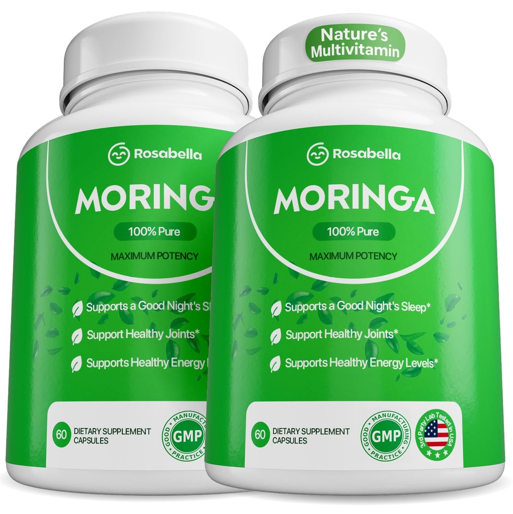 Rosabella Moringa Capsules - Pure Moringa Powder, Energy, Skin, Immune & Gut Health Superfood, Rich in Antioxidants, Essential Vitamins & Amino Acids, Natural Green Superfood Supplement - 120 Count