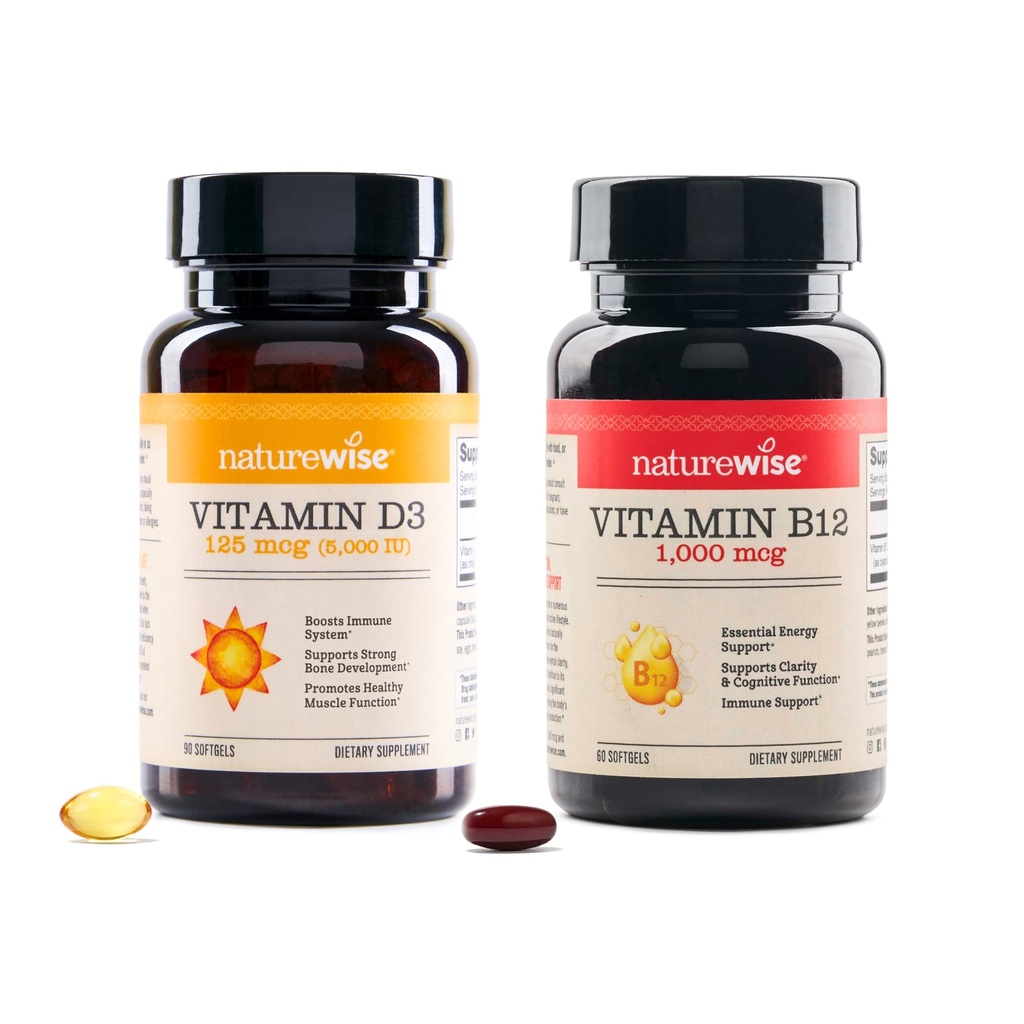 NatureWise Vitamine D3 5000iu, B12 1000mcg Clarté mentale Soutien énergétique Santé immunitaire Huile d'olive sans gluten softgels