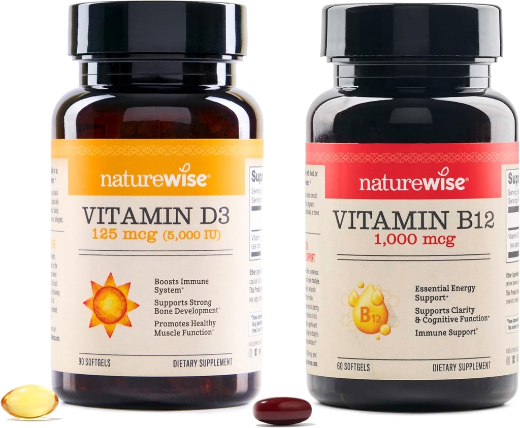NatureWise Vitamine D3 5000iu, B12 1000mcg Clarté mentale Soutien énergétique Santé immunitaire Huile d'olive sans gluten softgels