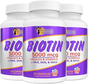 Sunshine Naturals Biotin Dietary Supplément. pour peau plus saine, cheveux plus épais, croissance des ongles. Collagène, vitamine A, B pour la perte de cheveux, beauté, renouvellement cellulaire, santé scalp. 5000 mcg. 90 Capsules. Boîte de 3