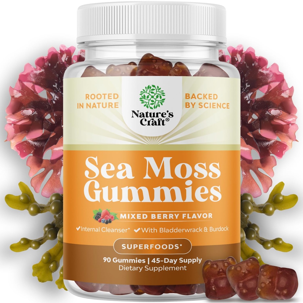 Natures Craft Irish Sea Moss Gummies for Women Men & Kids - Supplément de soutien immunitaire avec Irish Sea Moss, Bladderwrack & Burdock Root - Detox Gummies for Body Cleanse - 90 Gums à croquer