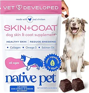 Peau d'Oméga et de manteau pour chiens - Supplément de peau et de manteau de chien pour la fourrure saine et brillante, réduire la couverture et les taches sèches - Fabriqué avec Omega 3 Huile de poisson et huile de saumon sauvage - 60 Chews