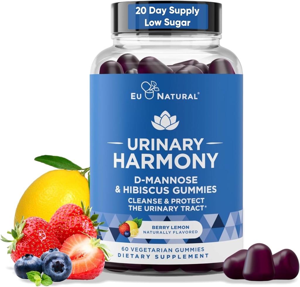 Harmonie urinaire D Gummies de mannose pour la santé urinaire – D-Mannose et Hibiscus Nettoyer, rincer et protéger le système urinaire – Formule de potence, sans médicament – 60 Gummées de florin au citron, 20 jours
