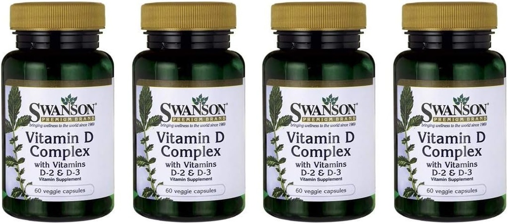 Complexe Vitamine D Swanson avec Vitamines D2 & D3 - Complexe Vitamine Sunshine Complete pour la santé osseuse, dentaire et immunitaire - Supplément Vitamine ( 50 mcg, 60 Capsules de Véggie ) 4 Pack
