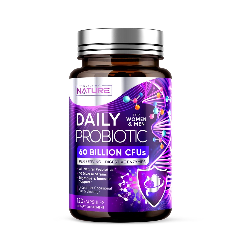 Built by Nature Probiotic for Women & Men – 60 Billion CFU, 10 Strains + Prebiotics & Digestive Enzymes – Supports Digestive, Immune, Reduce Gas & Bloating – Shelf Stable, Non-GMO - 120 Capsules