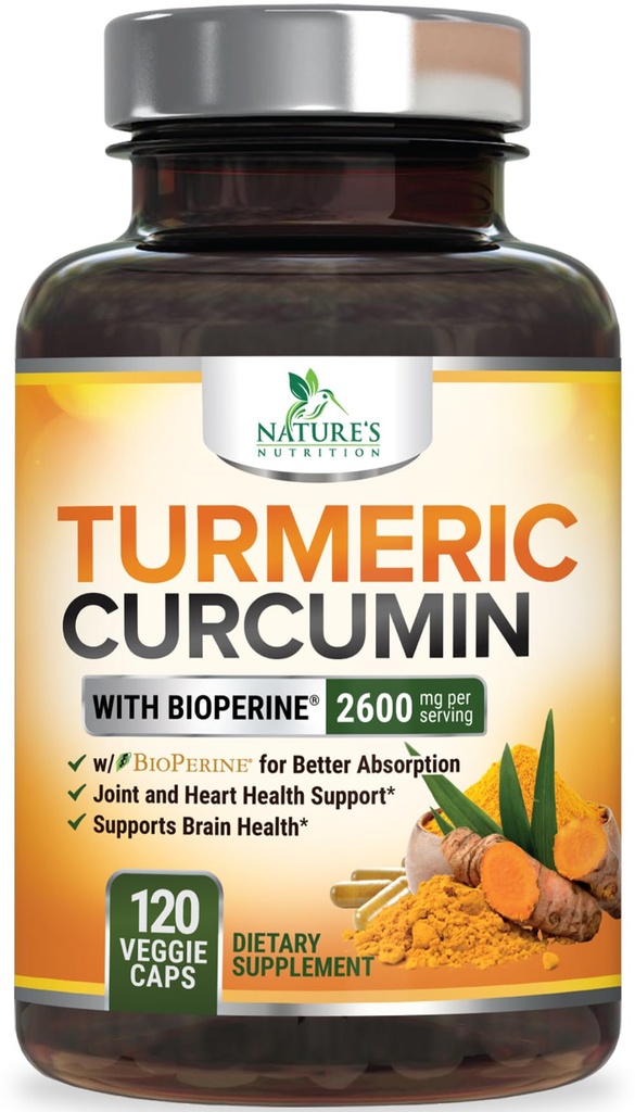 Supplément curcumin curcumin curcuma 2600mg - 95% Curcuminoides avec extrait de poivre noir curcuma biologique et biopérine pour la meilleure absorption, soutien naturel des articulations véganes, non-OGM, mis en bouteille aux États-Unis - 120 Capsules