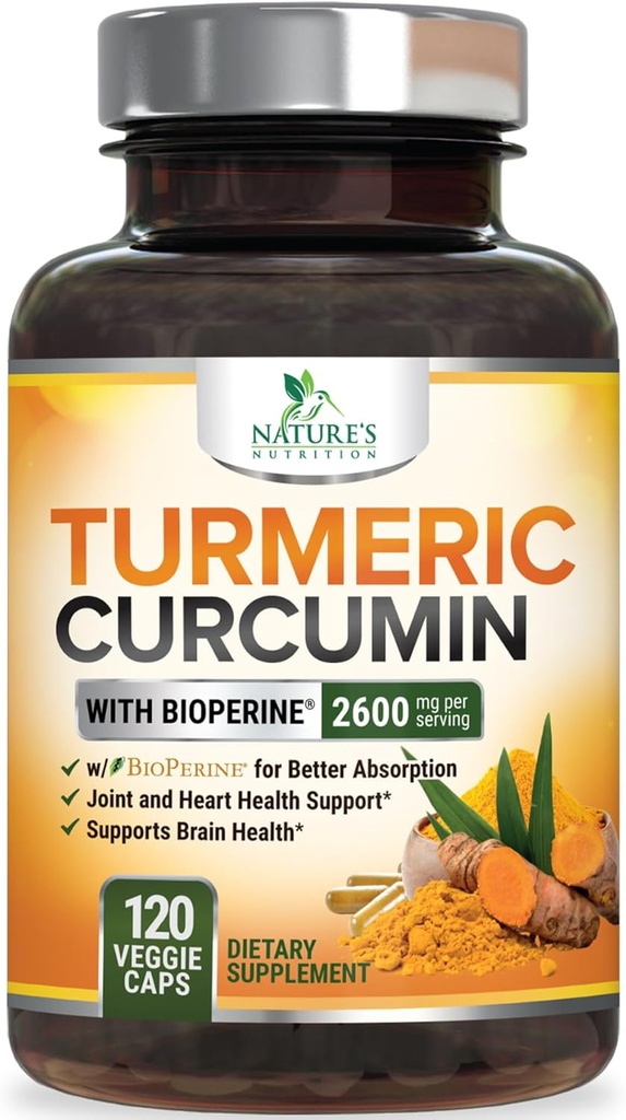 Supplément curcumin curcumin curcuma 2600mg - 95% Curcuminoides avec extrait de poivre noir curcuma biologique et biopérine pour la meilleure absorption, soutien naturel des articulations véganes, non-OGM, mis en bouteille aux États-Unis - 120 Capsules