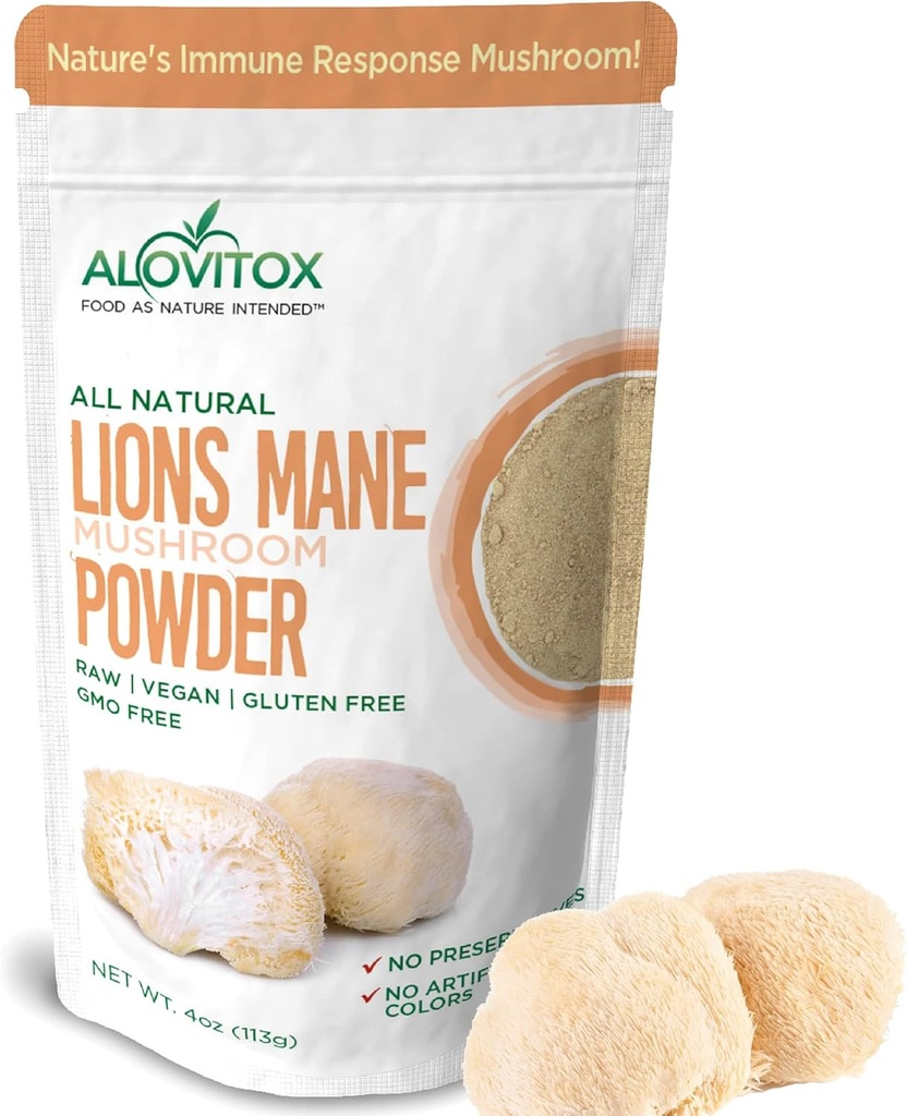 Alovitox Bio Lion's Mane Mushroom Powder , Superfood naturel pour le cerveau, l'énergie et la santé immunitaire, fournit un soutien neuronal, la protection de l'IG, les avantages cardiovasculaires , non-OGM , végétalien , sans gluten , 4 oz