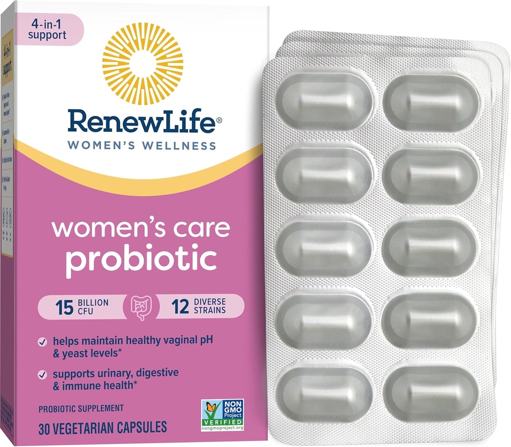 Renouveler la vie Capsules probiotiques pour femmes, soutient l'équilibre du pH pour les femmes, la santé vaginale, urinaire, digestive et immunitaire, L. Rhamnosus GG, laiterie, soja et sans gluten, 15 milliards CFU - 30 Ct