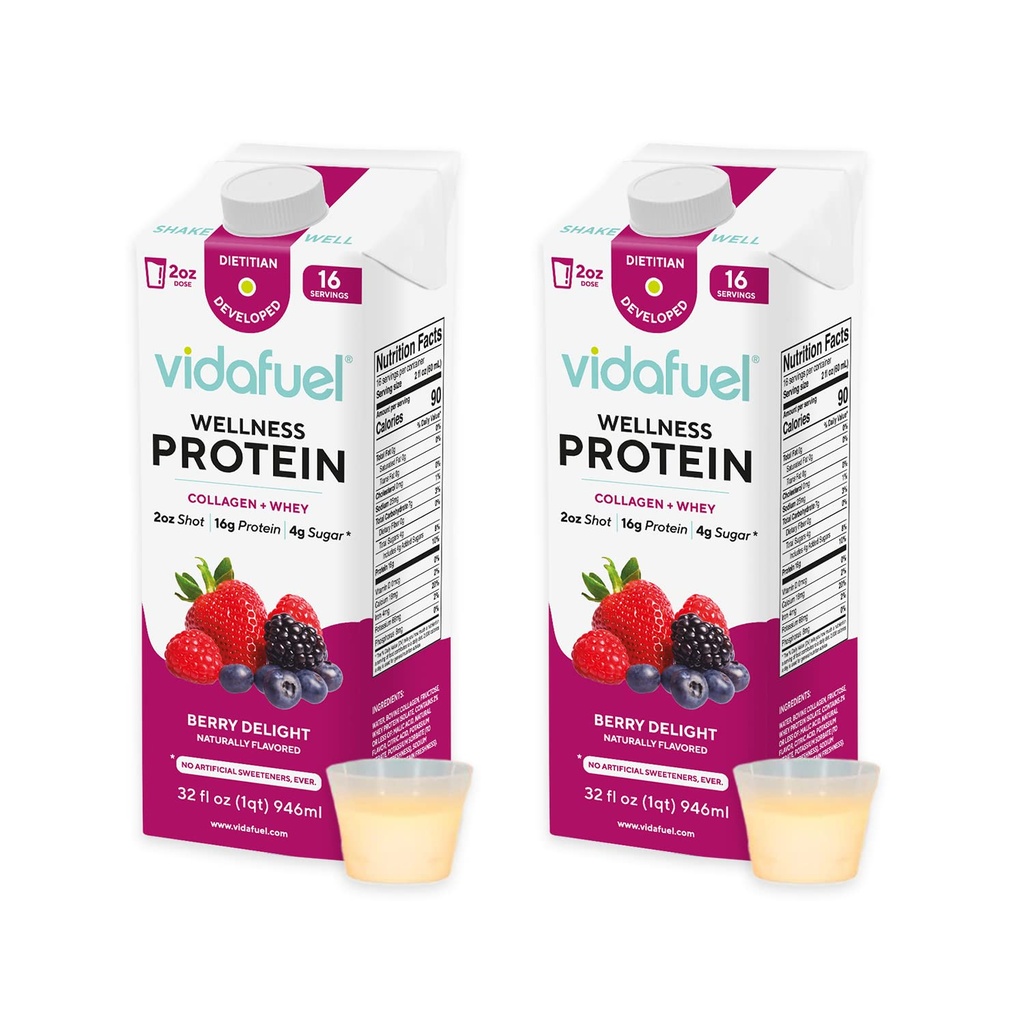 Vidafuel Wellness Protéines Boissons, 16g de protéines par 2oz Shot, 32 fl oz Carton, 2 Pack, Berry, Collagène et Whey Boissons, Pas d'édulcorants artificiels