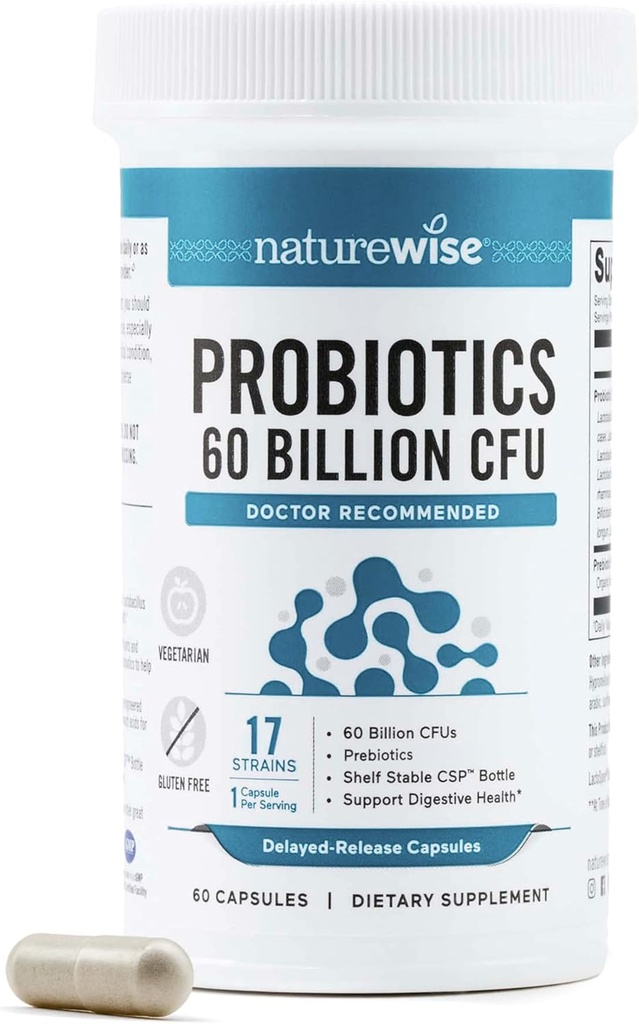 NatureWise Probiotics 60 milliards CFU - 17 souches + prébiotiques organiques - Soutien à la santé immunitaire, digestive et gustative pour les femmes et les hommes - Végétarien, sans gluten, non OGM - 60 capsules[2-Mois]