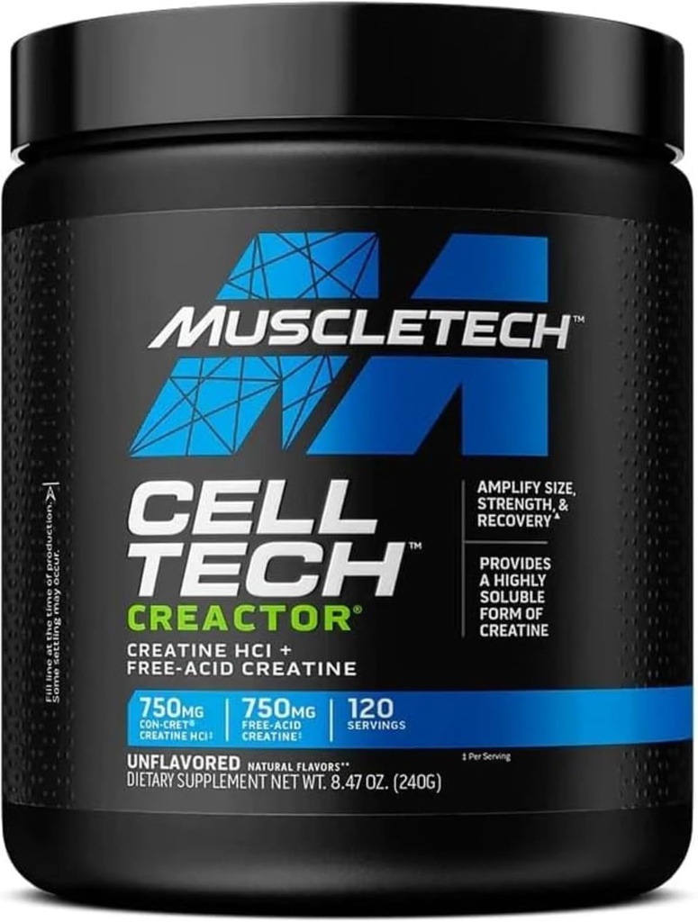 MuscleTech Cell-Tech Creactor Creatine HCl Powder,Post Workout Muscle Builder pour les hommes et les femmes, Hydrochlorure de créatine + Acide libre, Sans saveur (120 portions),8.47 oz