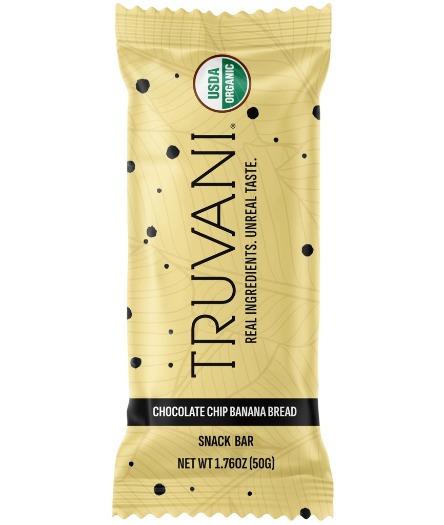 Truvani Plant Based Snack Bars (en anglais seulement) Chocolate Chip Banana Pain 1 Pack (en anglais seulement) 5g Protein (en anglais seulement) USDA Organic and Vegan (en anglais seulement) The Only Bar (en anglais seulement) Dairy, Soy and Gluten Free (en anglais seulement)