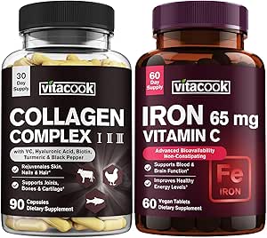 Peptides de collagène et ensemble de fer, 2025 MG Collagène, sucre zéro, 65 MG Fer élémentaire, fer carbonyle avec vitamine C, doux sur l'estomac