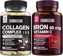 Peptides de collagène et ensemble de fer, 2025 MG Collagène, sucre zéro, 65 MG Fer élémentaire, fer carbonyle avec vitamine C, doux sur l'estomac