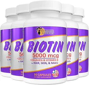 Sunshine Naturals Biotin Dietary Supplément. pour peau plus saine, cheveux plus épais, croissance des ongles. Collagène, vitamine A, B pour la perte de cheveux, beauté, renouvellement cellulaire, santé scalp. 5000 mcg. 90 Capsules. Boîte de 5