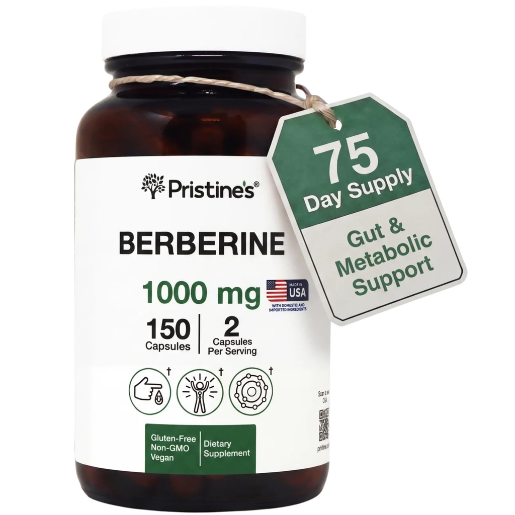 PRISTINE'S Berberine Supplement Capsules - 1000 MG 75 jours d'approvisionnement 150 Capsules - Heart, & Immunity Health Support Antioxydant - Digestive Tract & Healthy Gut Flora Support