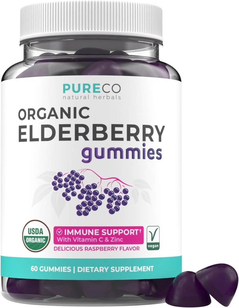 Organic Elderberry Gummies for Adults - Vegan Sambucus Elderberry Immune Support Gummies with Black Elderberry Vitamin C and Zinc for Daily & Seasonal Immunity (USDA Organic Non-GMO Vegan) - 1 Month