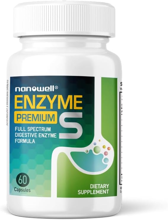 NANOWELL Enzyme Premium S - Digestive Health Multi-Enzyme Supplement with 10 Enzymes, Including Bromelain and Papain - 60 Capsules, 60-Day Supply