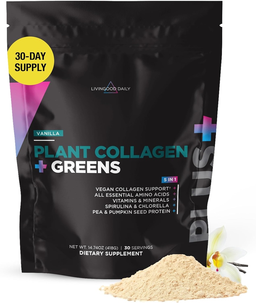 Livingood Daily Plant Collagen + Greens Powder, Vanilla Flavor, 5-en-1 Collagen Support avec des protéines de pois, acides aminés, spiruline, Chlorella et vitamine C, ongles capillaires, végétalien, 30 portions