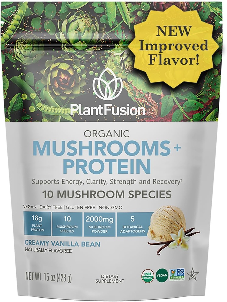 Poudre de protéines de champignons de plantation - 3 en 1 Poudre de protéines de végétalien, supplément de champignons et supplément d'adaptogène - Soutenir la concentration mentale, l'immunité et la récupération - Vanille 1lb